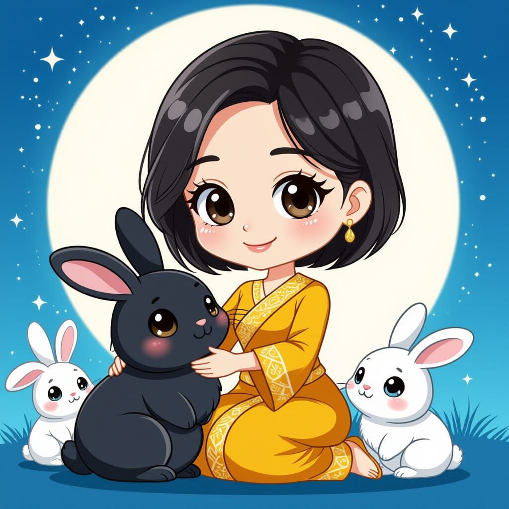 Cute Chibi Thai Woman with Black Bunny Sticker