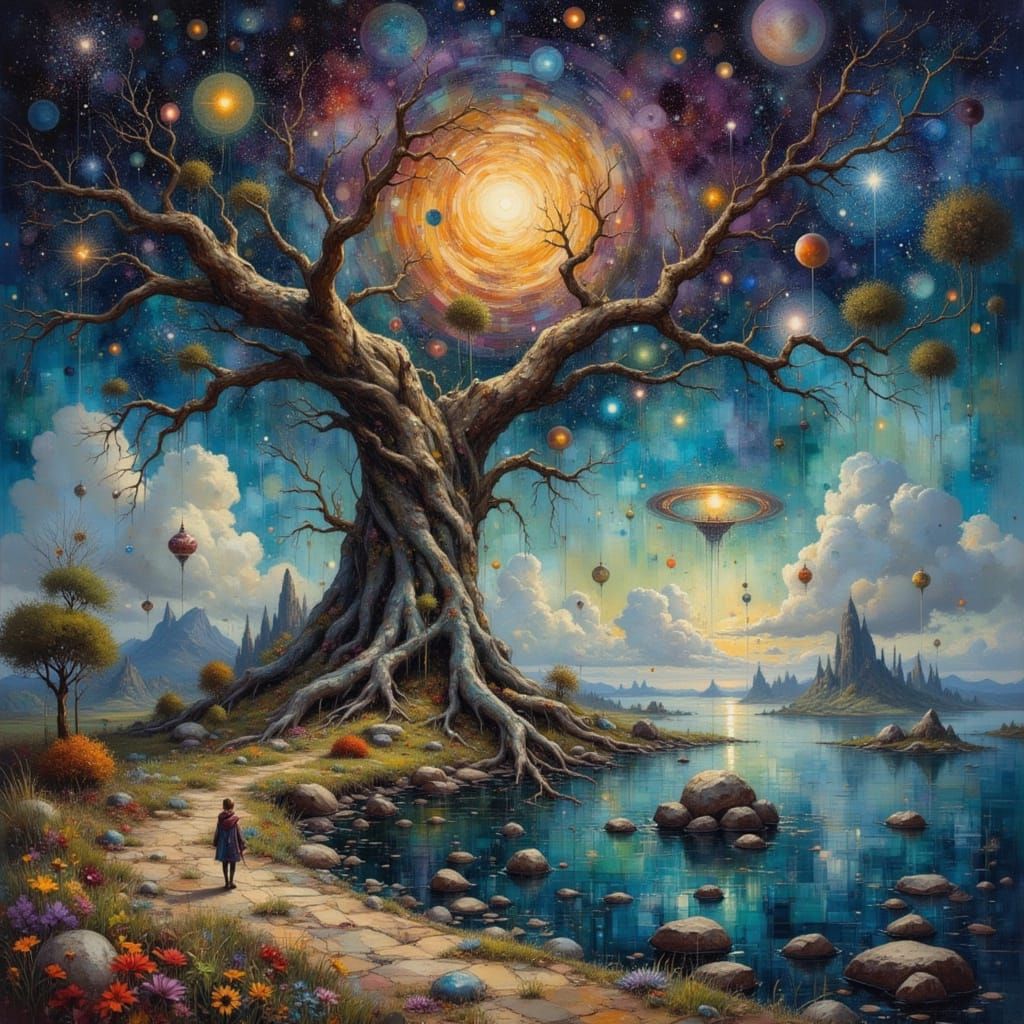 Surreal Dreamscape: Ancient Tree and Cosmic Vortex