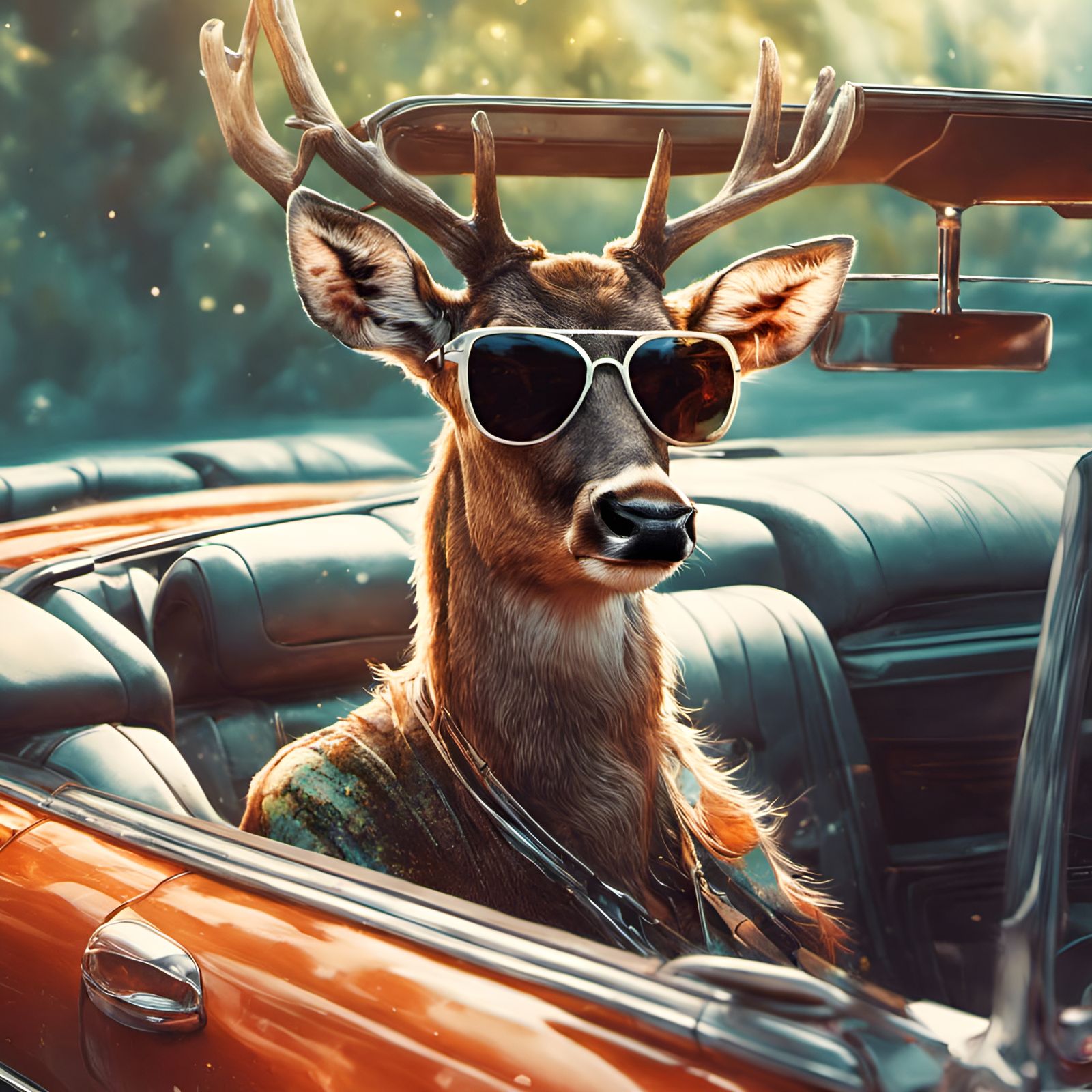Deer in Sunglasses Driving Convertible, Digital Illustration