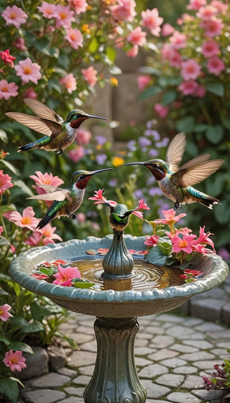 Hummingbirds in Flower Garden, Macro Photography