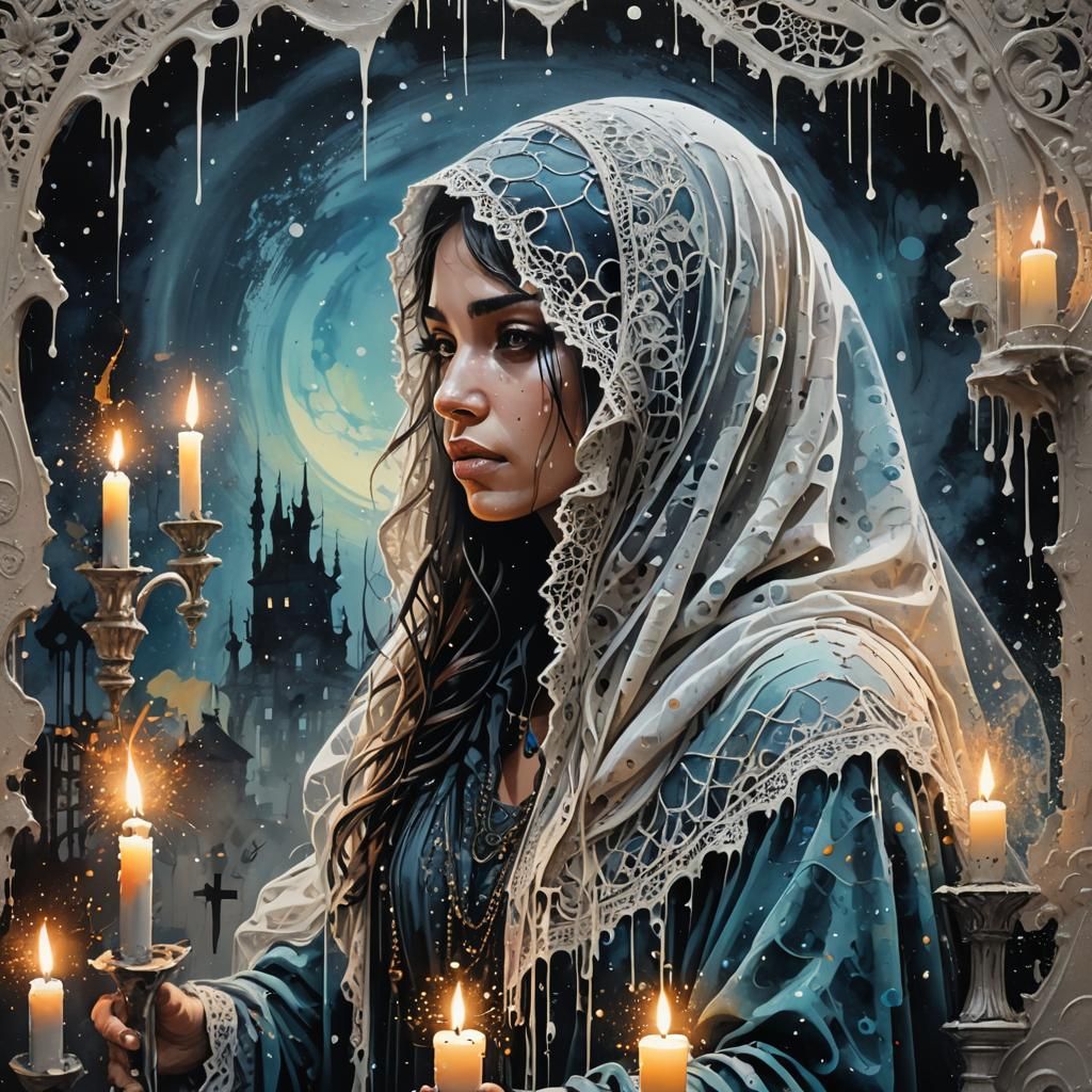 Moonlit Veiled Figure in Colorful Ink Splatter Art