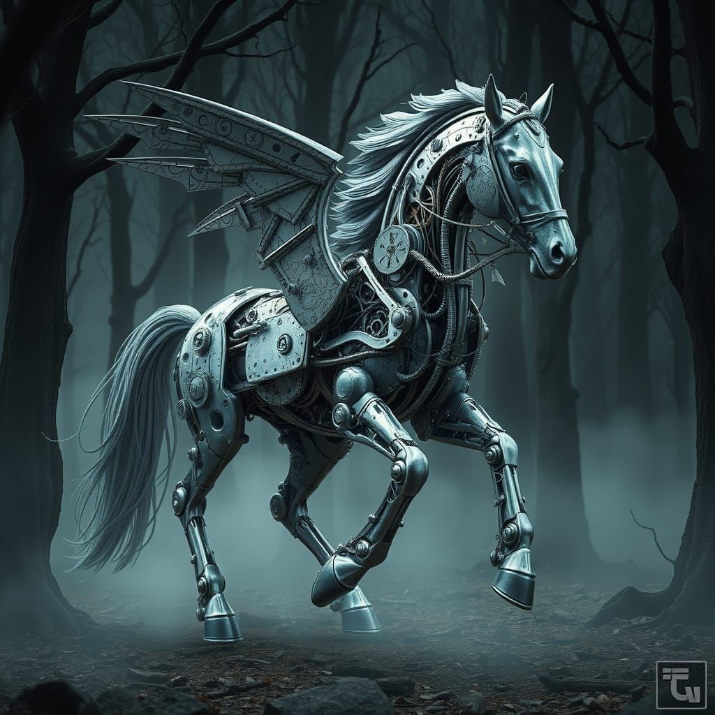 Mechanical Steampunk Horse in Enchanted Forest