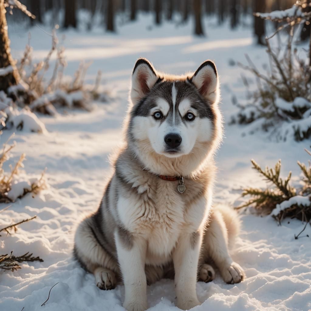 Furry Husky Puppy in Snowy Forest, Portrait