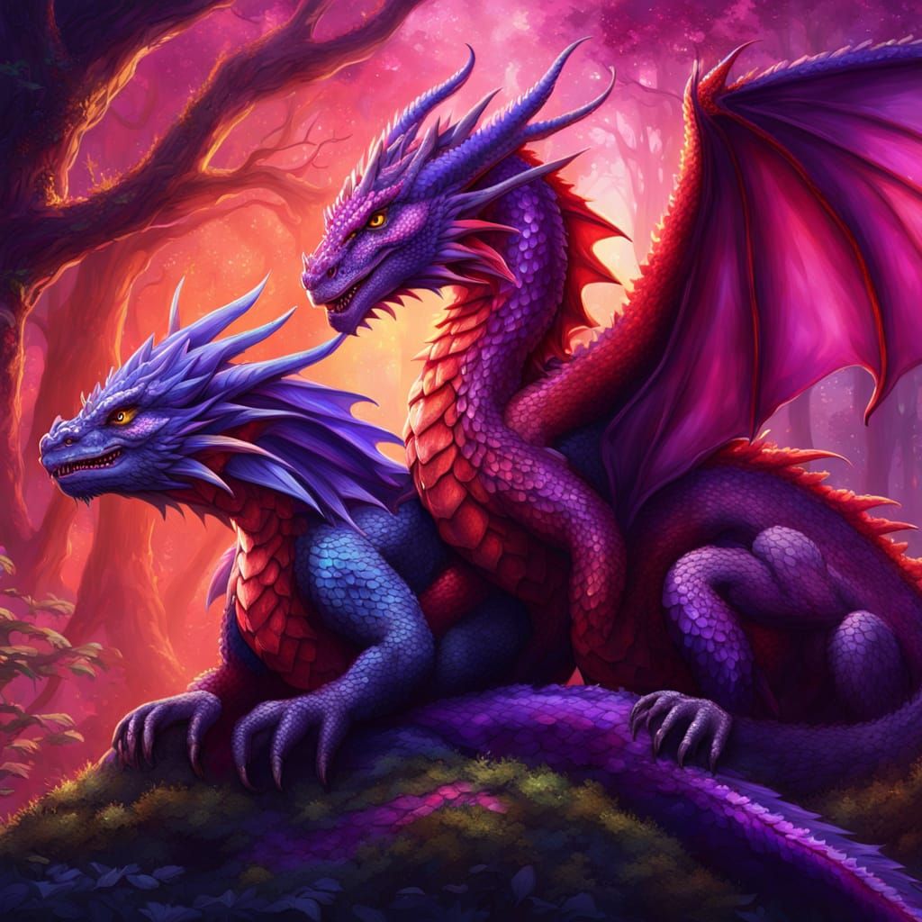 Red and Purple Dragons Cuddle in Ethereal Forest