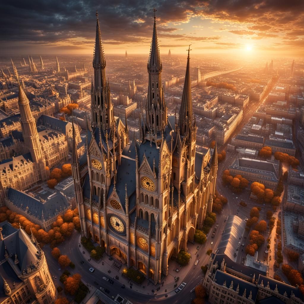 Mystical Cityscape at Dusk with Gothic Architecture