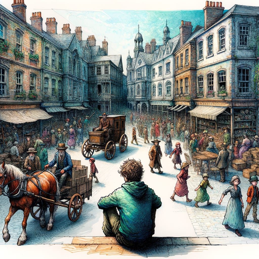 Vibrant Town Square Scene in Magical Realism Style
