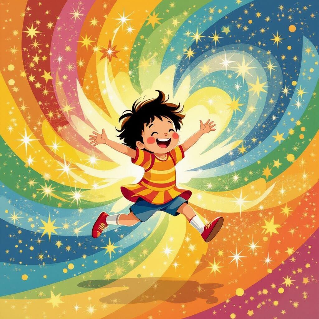 Joyful Figure Leaping in Rainbow Swirls