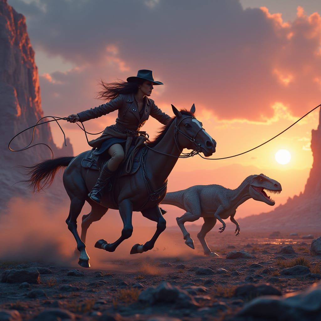Cowgirl Gallops Across Primeval Landscape, Chasing a Ferocio...
