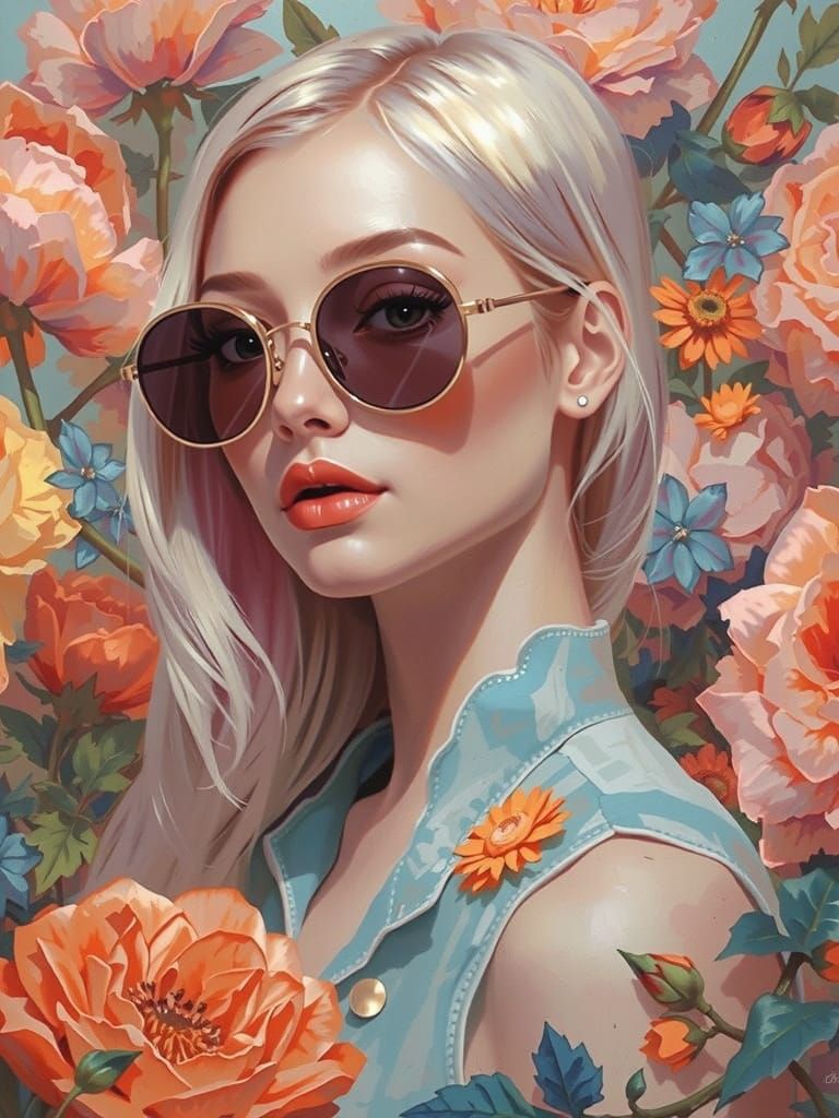 Abstract Portrait of Woman with Flowers as Brushwork