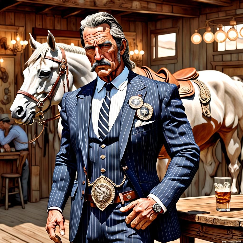 Western Gigachad with Horse Badge in Wild Bunch Style