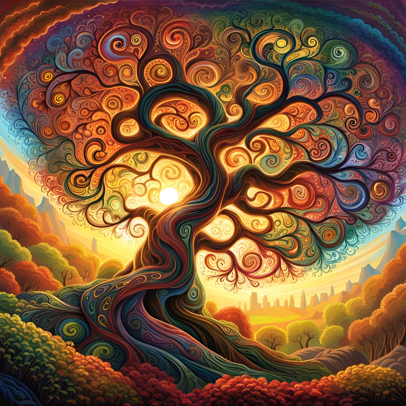 Towering Multicolored Tree with Swirling Branches