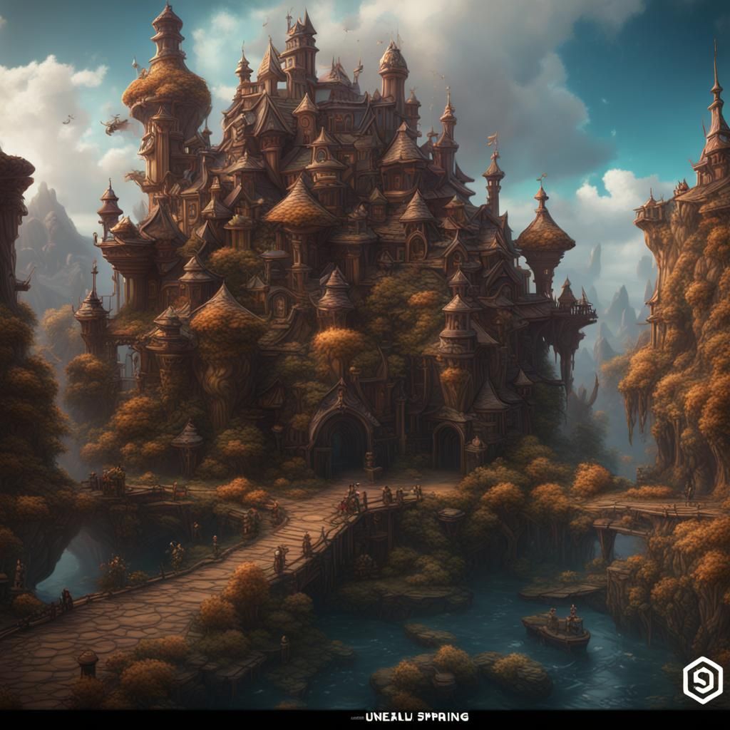 Fantastical Castle on Mountain in Detailed Matte Painting