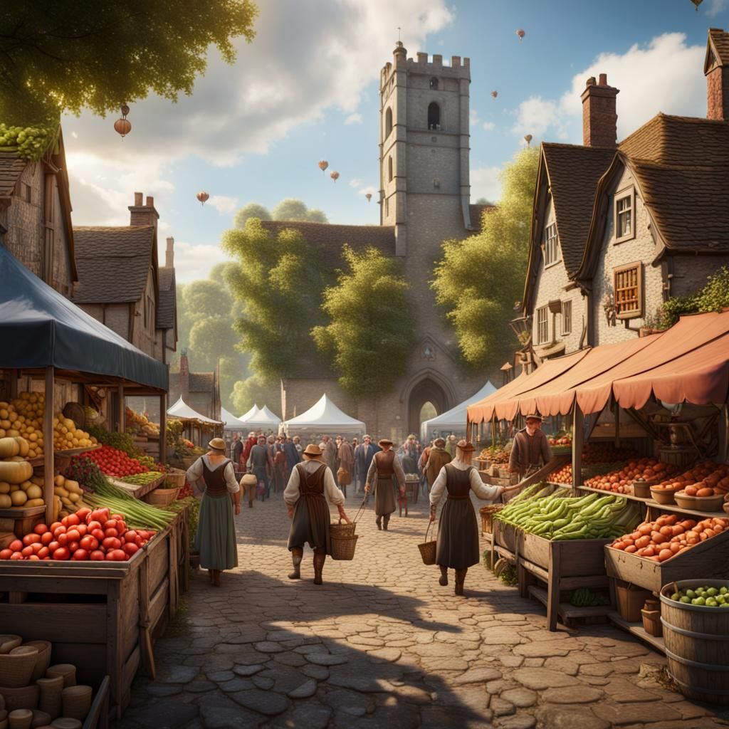 Bustling Farmers Market in Old English Countryside