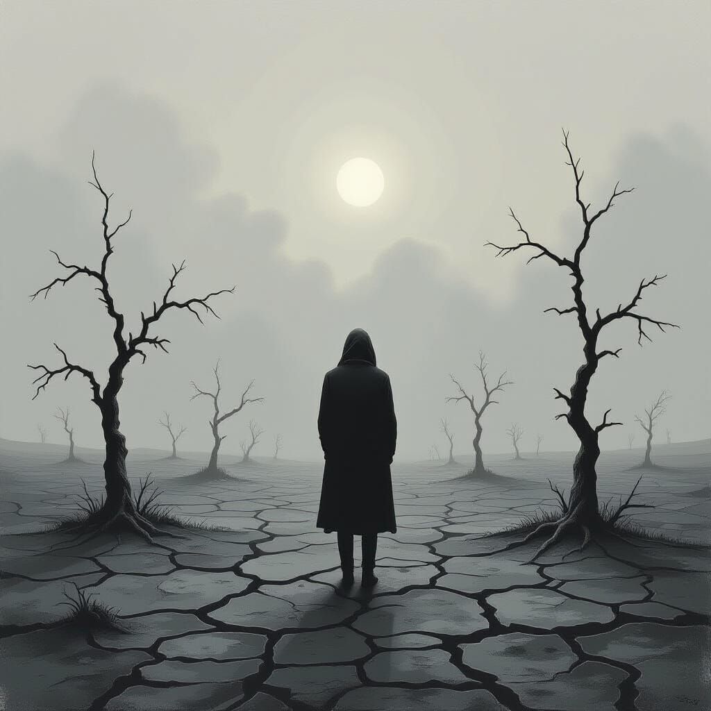 Lone Figure in Desolate Landscape Under Grey Sky