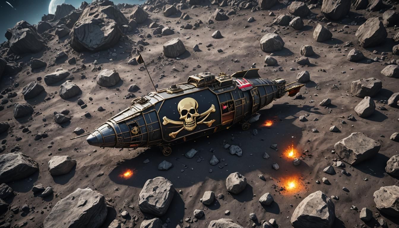 Pirate Spaceship Hiding in Asteroid Field