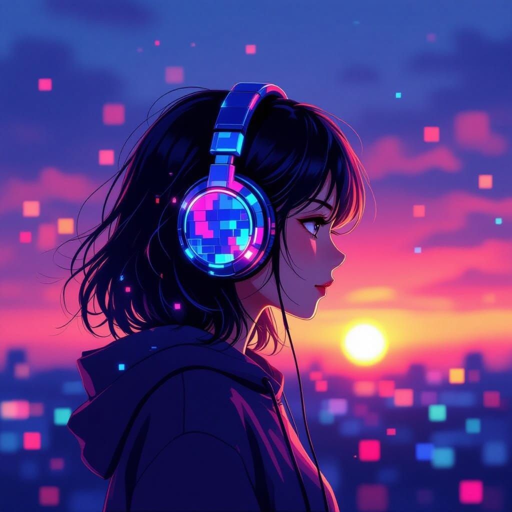 Anime Girl with Neon Headphones in Pixelated Sunset