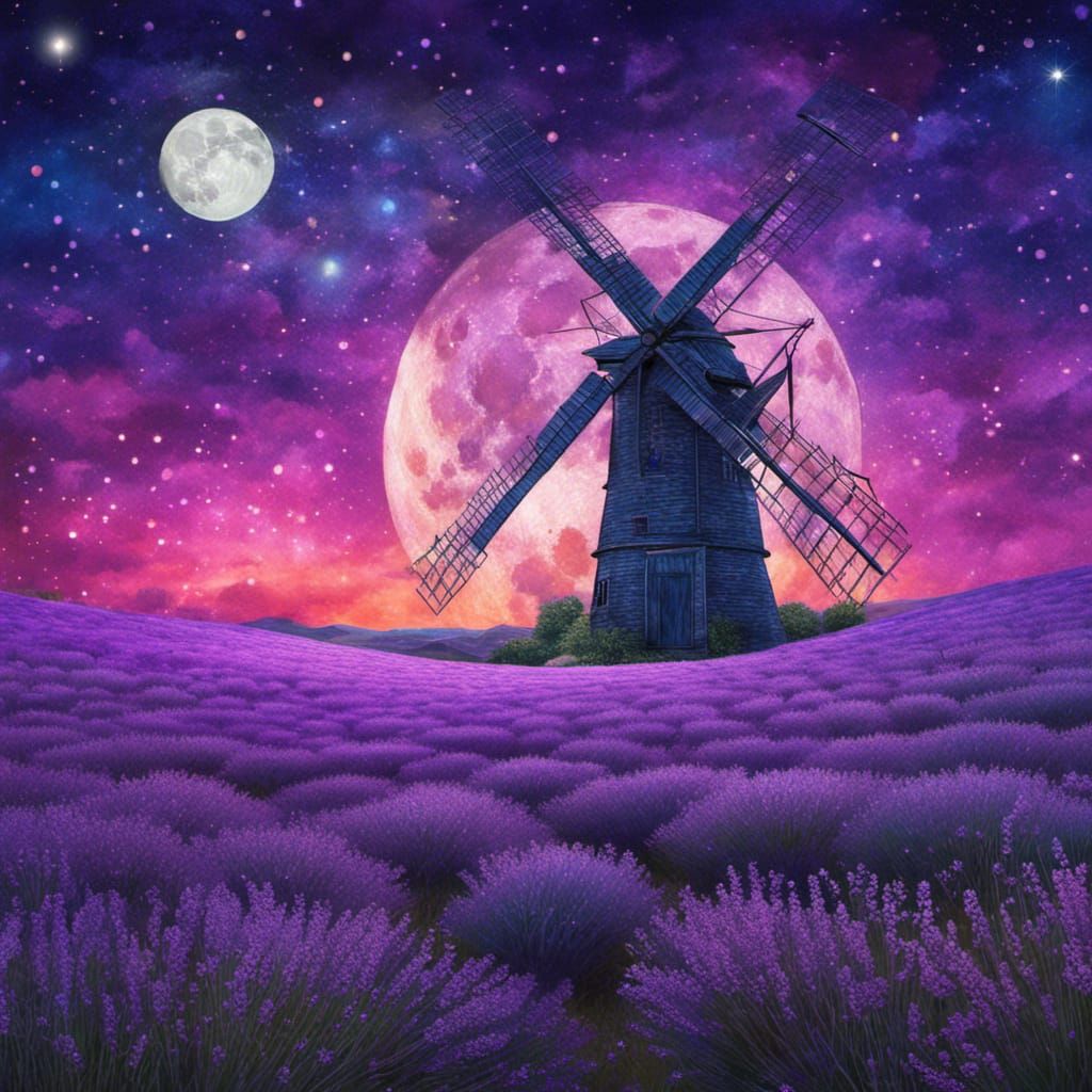Windmill in Lavender Field Under Astral Moonlight