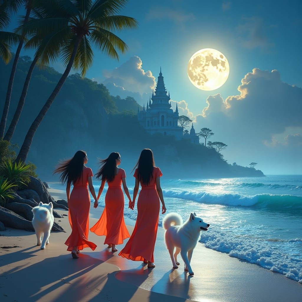 Vietnamese Women Walking Dogs on Moonlit Beach