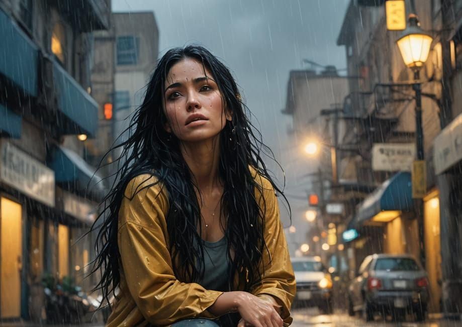 Girl with Black Hair Kneeling in Rain, Detailed Matte Painti...