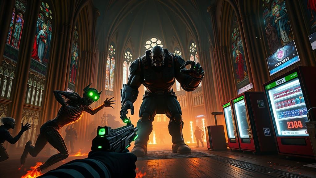 Apocalyptic Cathedral Battlefield with Cyber-Demonic Zombie