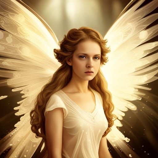 Angel Fairy Portrait with Filigree Wings in Sepia