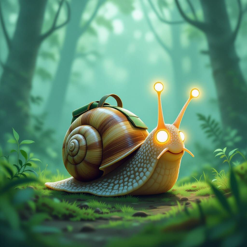 Mystical Snail with Optical Tentacles in Misty Forest