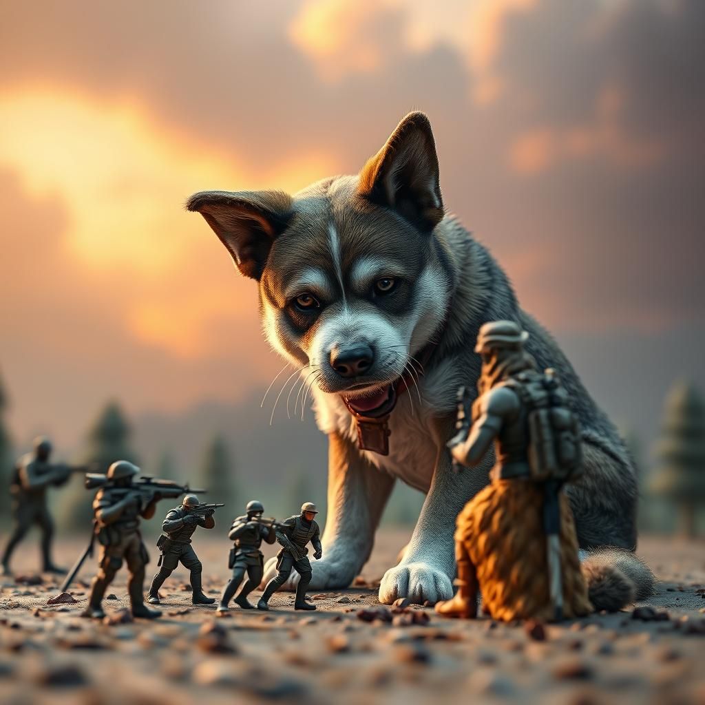 Dog vs Miniature Doll Army: Detailed Matte Painting