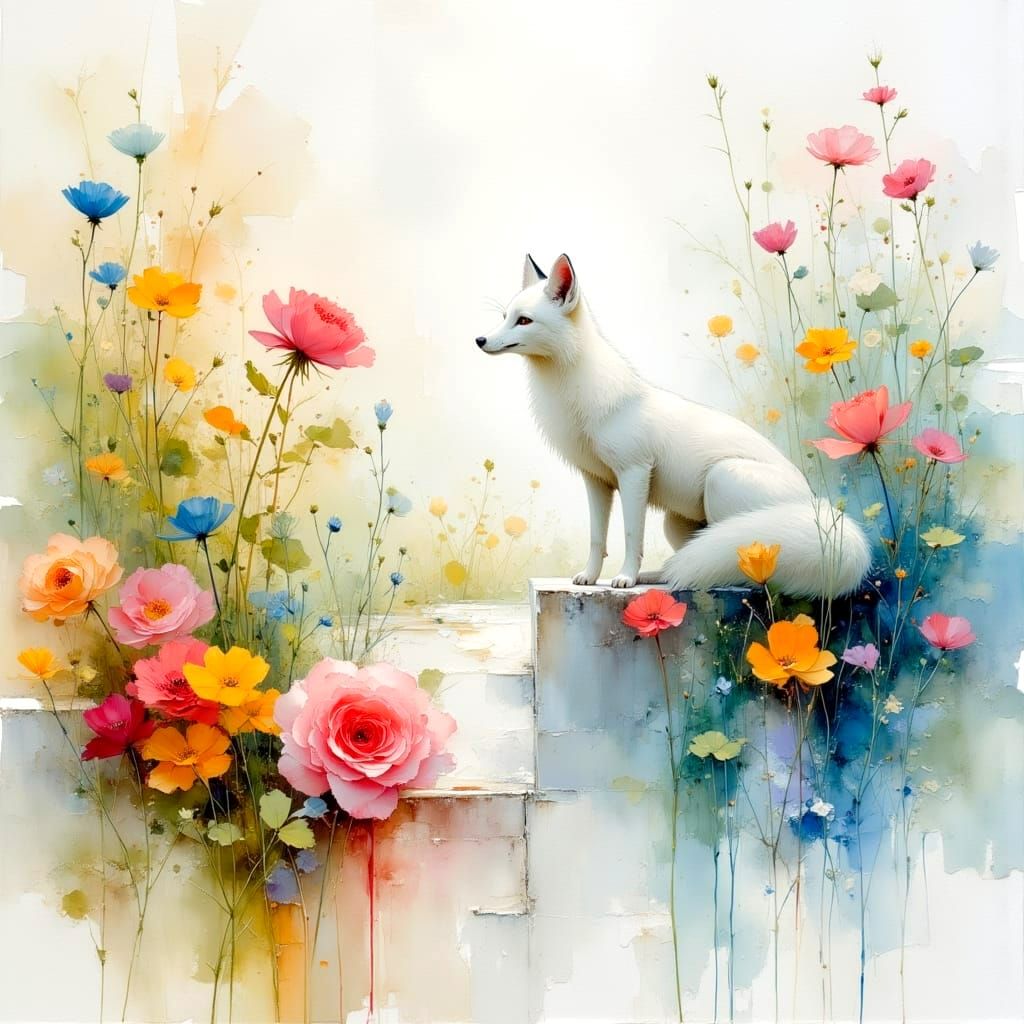 Dreamy Landscape with a White Fox Amidst Whispers of Rain
