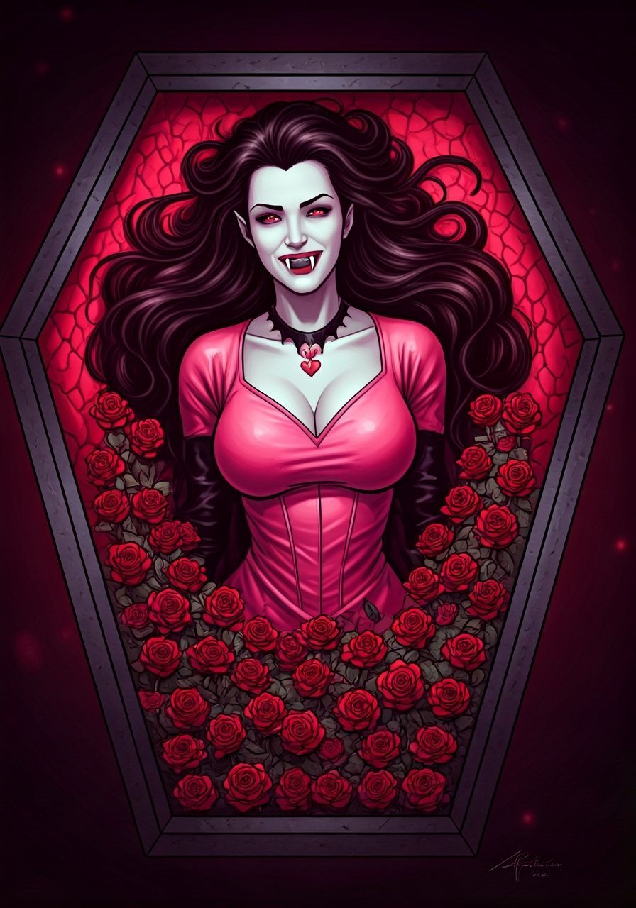 Valentine Vampire in Pink Coffin with Heart Bats