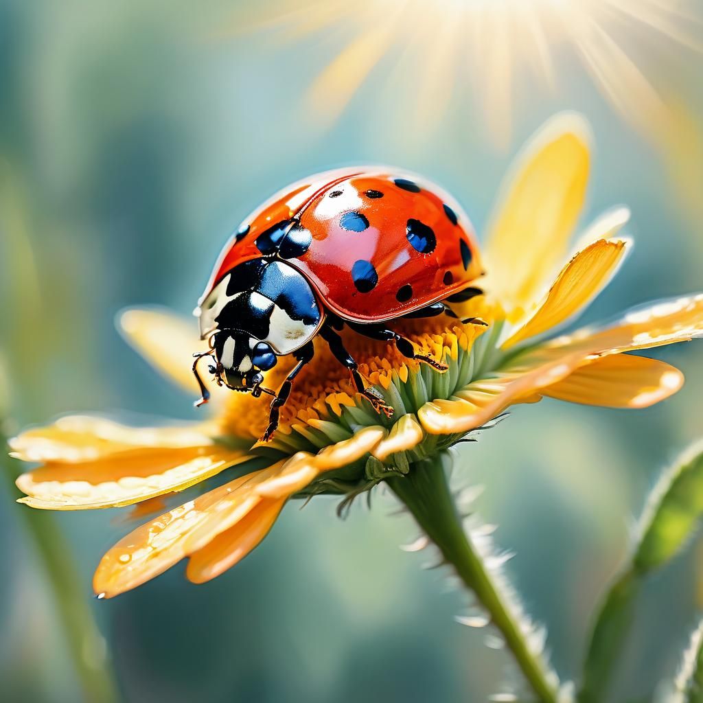 Ladybug on Flower in Gouache Watercolor Style
