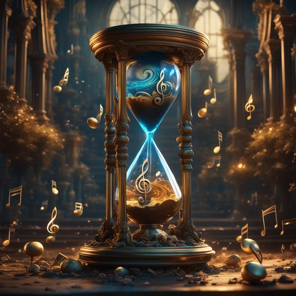 Music-Themed Hourglass in Detailed Matte Painting Style