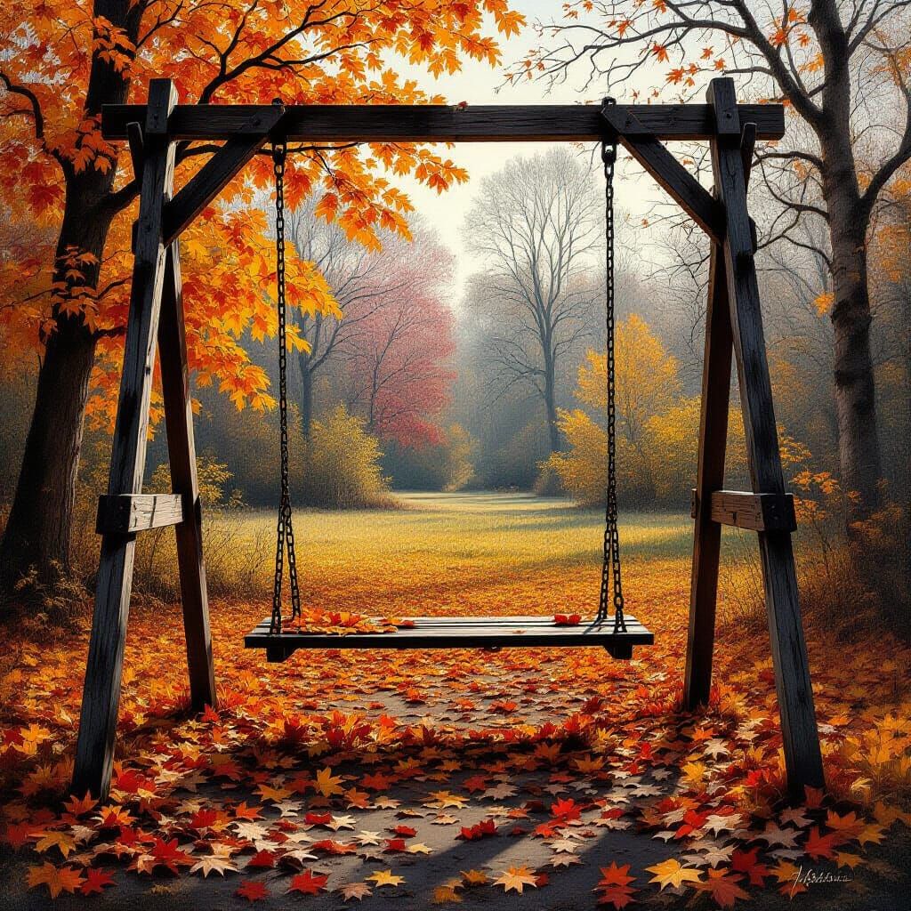 Abandoned Autumn Park Swing Set in Oil Painting Style