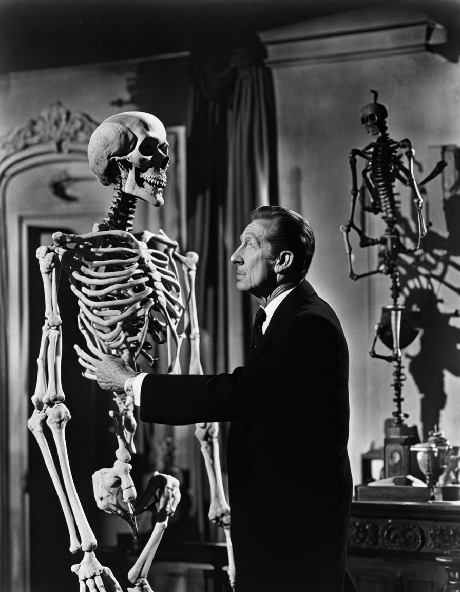 Vincent Price and Skeleton in Haunted House