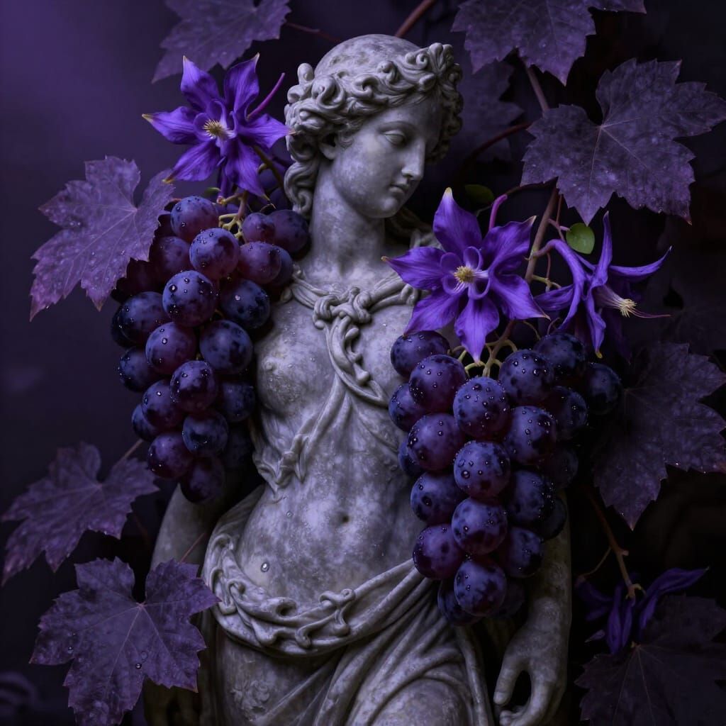 Baroque Greek Statue Overwhelmed by Purple Flowers & Grapes