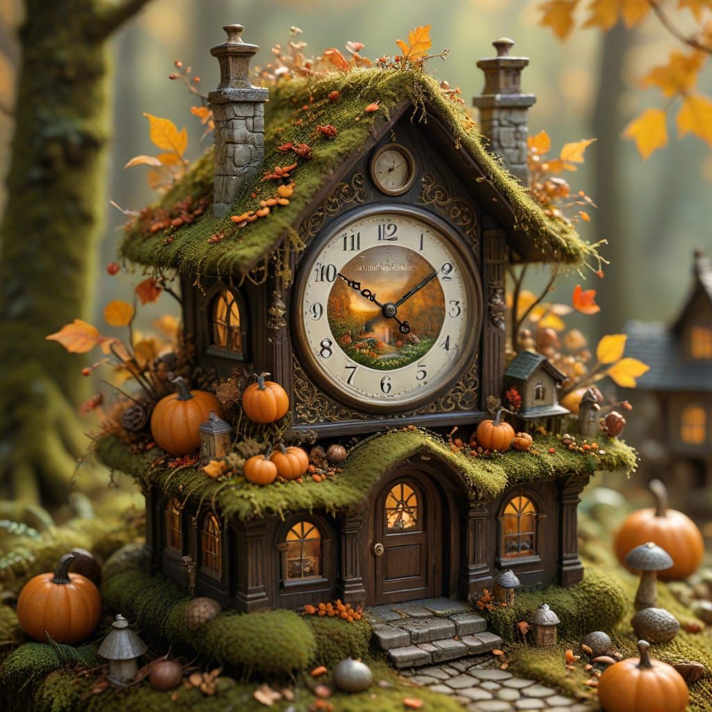 Whimsical Autumn Clock Face Diorama with Woodland Cottages