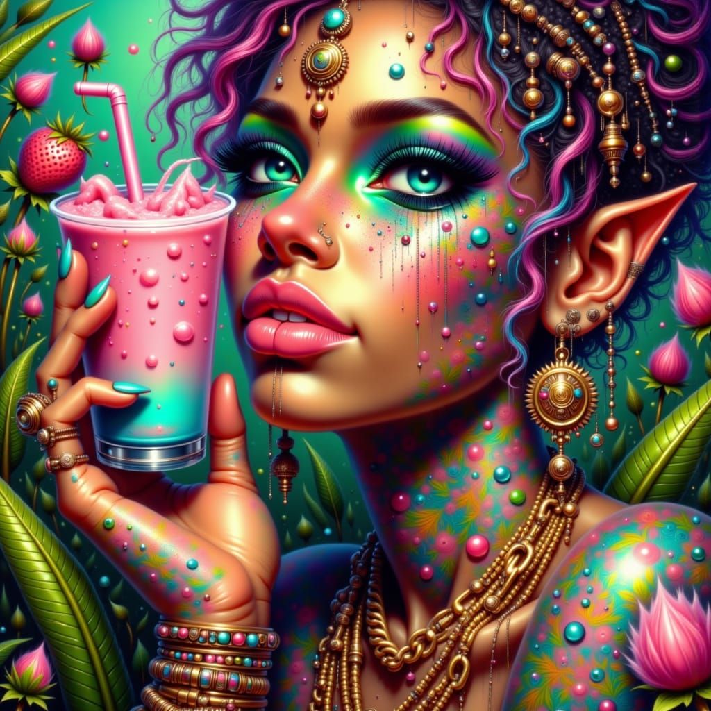 Strawberry Rapper with Smoothie in Basquiat-Murakami Style