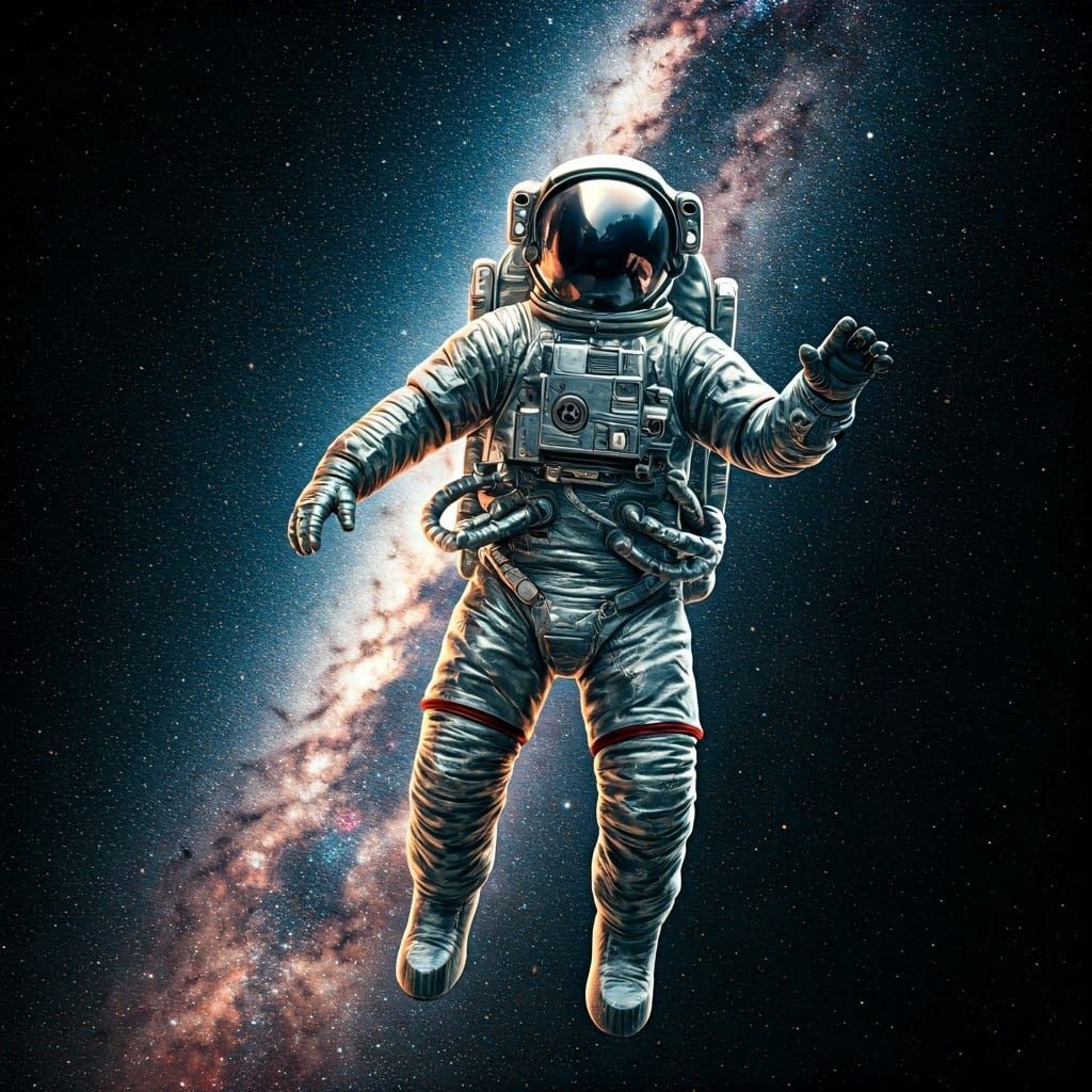Astronaut in Shimmering Chrome Spacesuit Amidst Vibrant Milk...