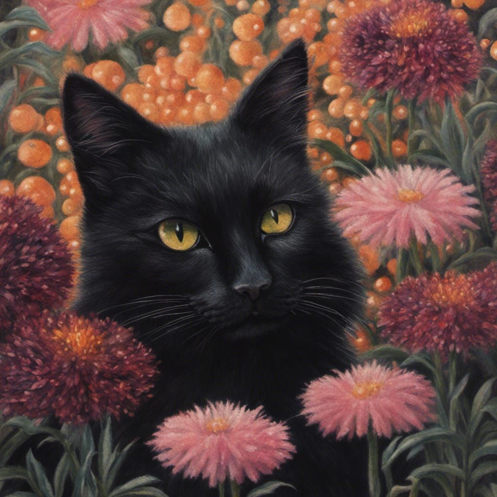 Sparkling Black Cat in Midnight Garden