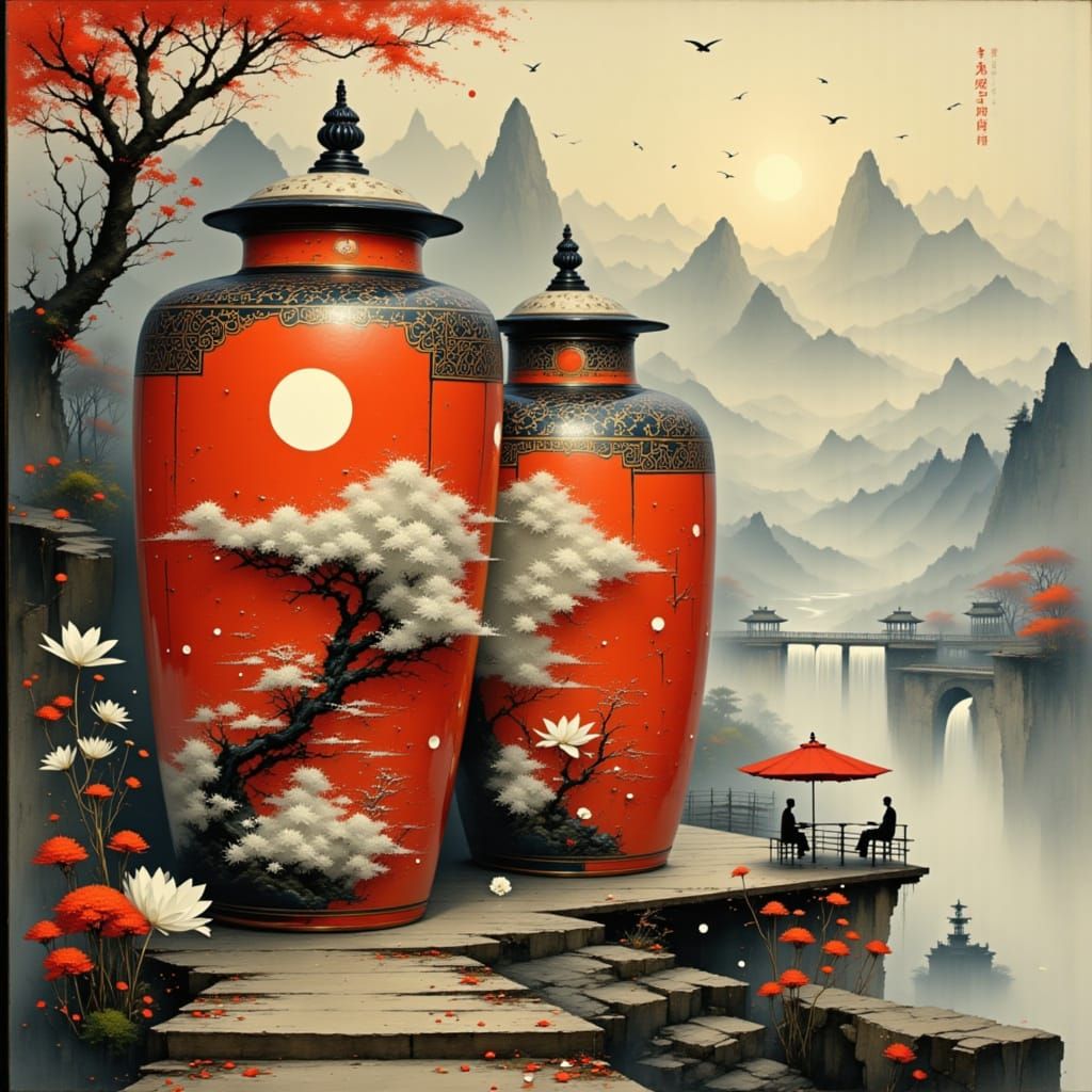 Ornate Chinese Ginger Jars with White Worlds