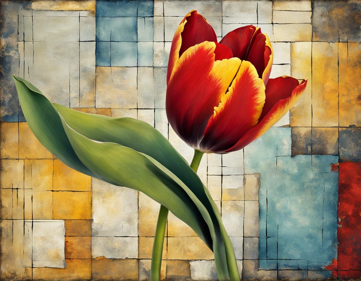 Whimsical Gouache Tulip Painting with Abstract Background