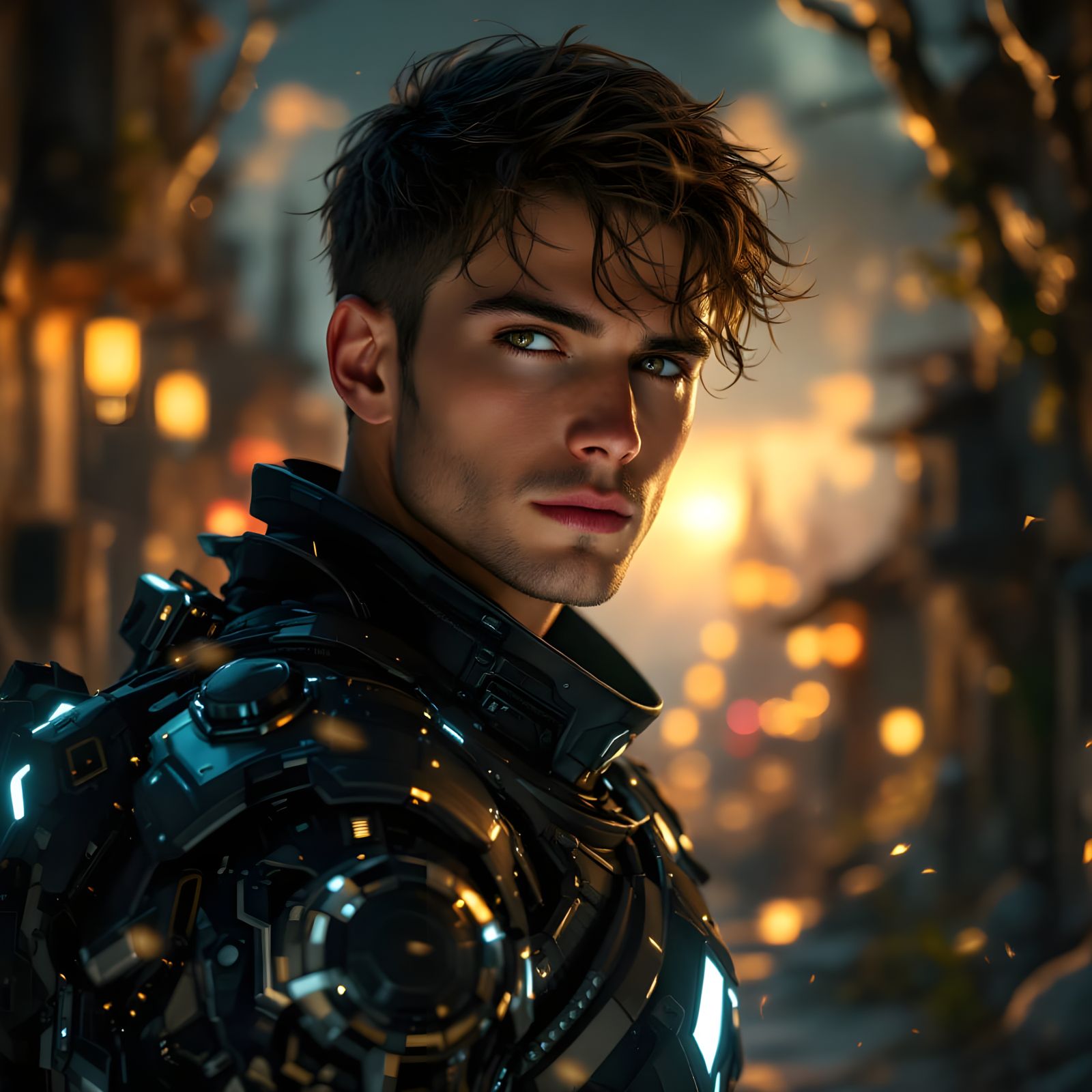 Handsome Cyber Warrior in Ghostly Town, Art Nouveau Style