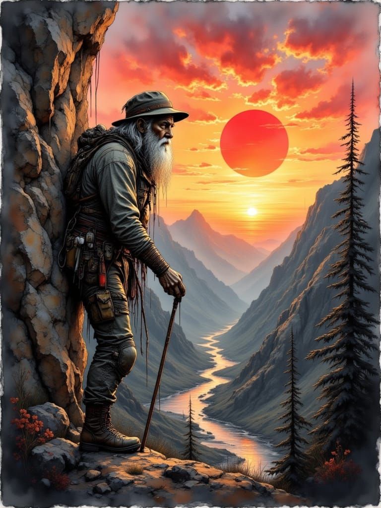 Grizzled Climber Rests at Sunset Over Mountain Valley