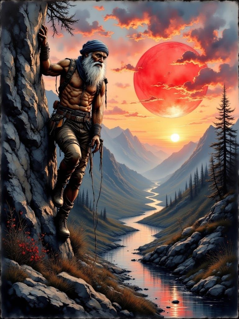 Grizzled Climber Pauses for Sunset View