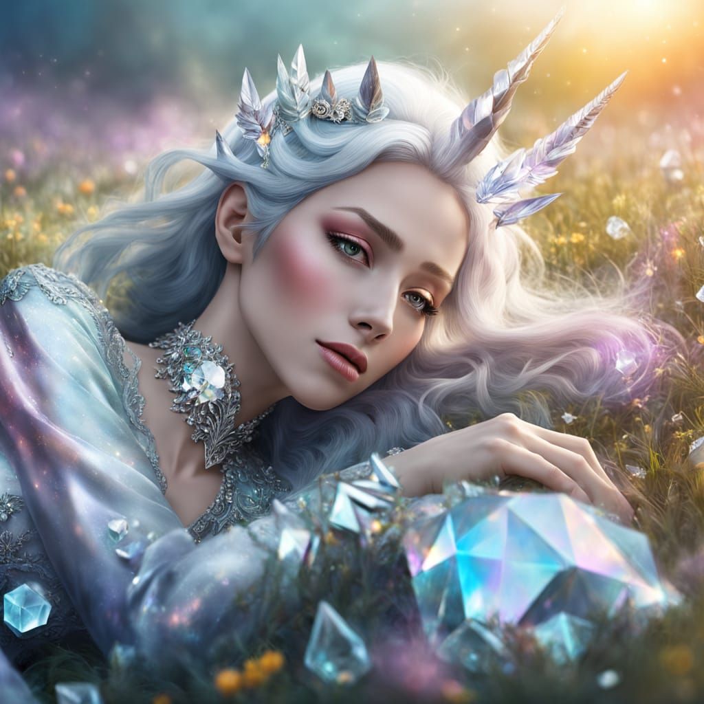 Woman with Crystal Hair in Dreamy Fantasy Landscape