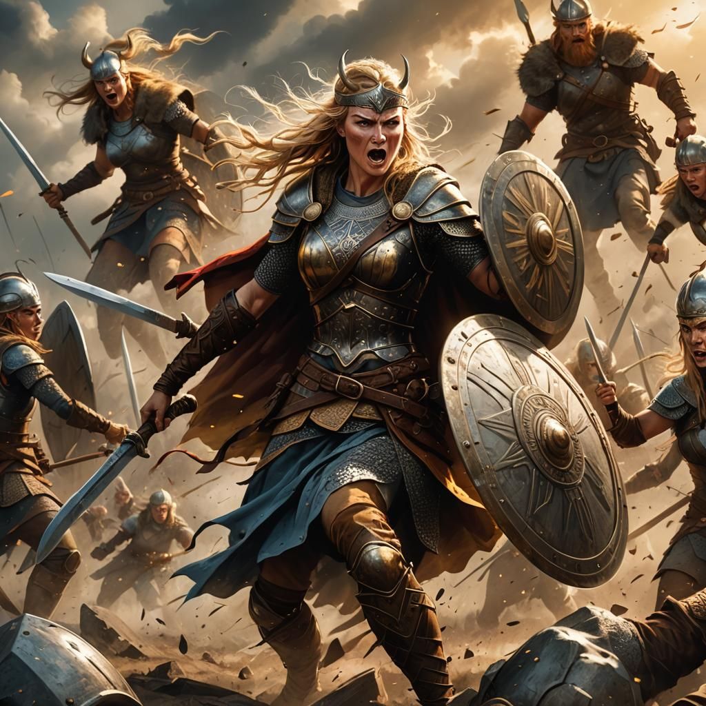 Viking Shieldmaidens Charge: Comic Book Illustration