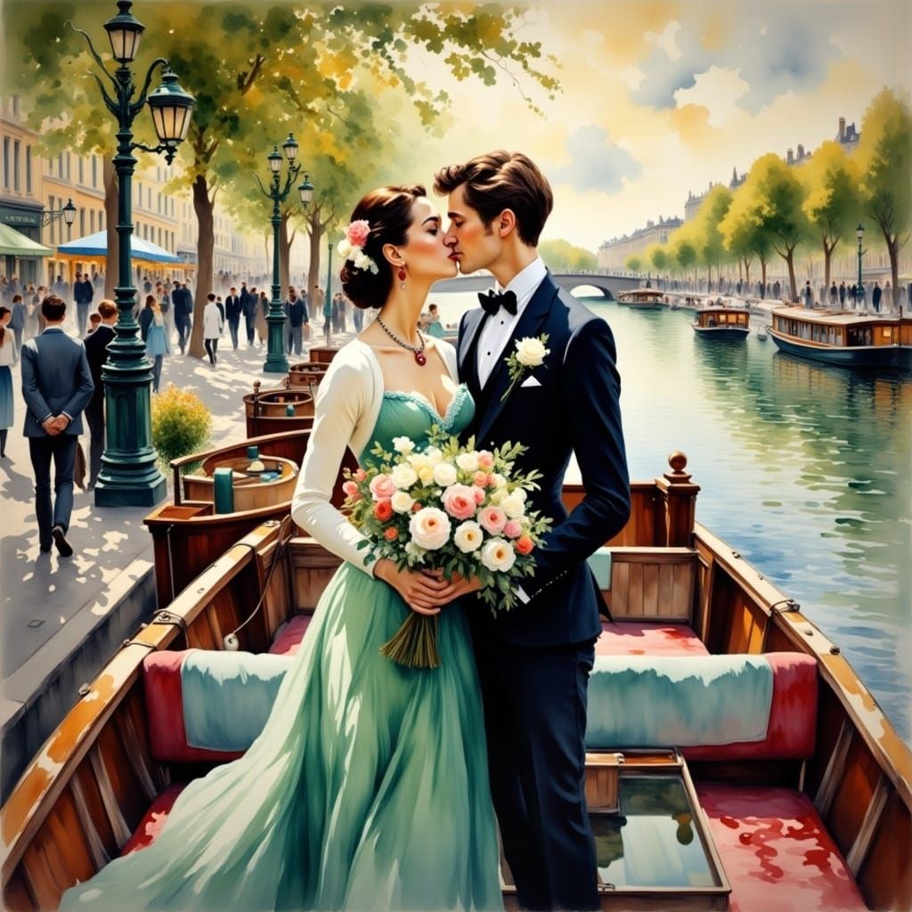 Romantic Parisian Moment on the Seine in Impressionist Style