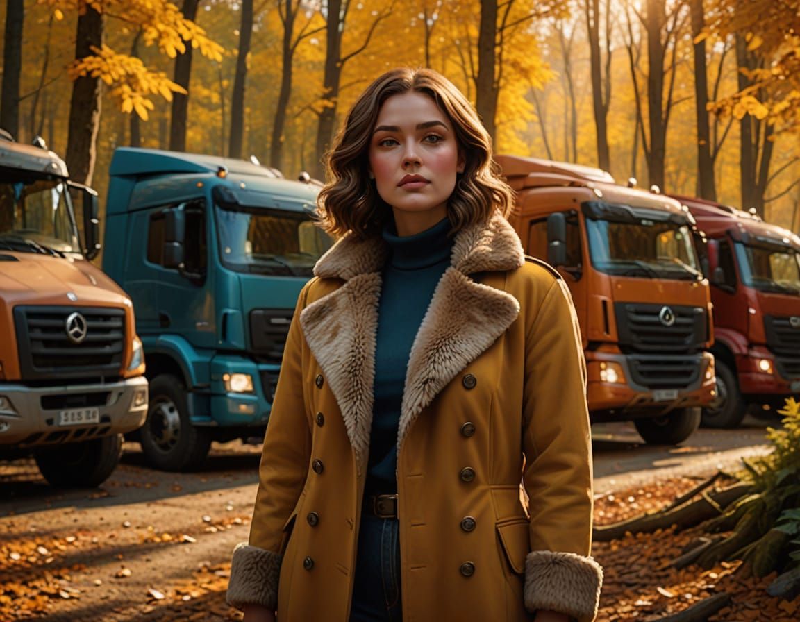 Voluptuous Woman Poses Before Autumn Lorries in Forest