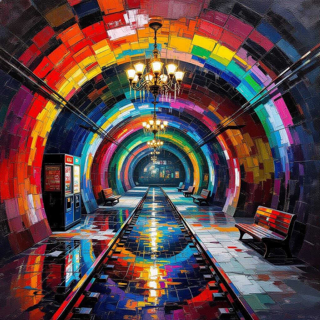 Vibrant Subway Station Hideout Impasto Painting