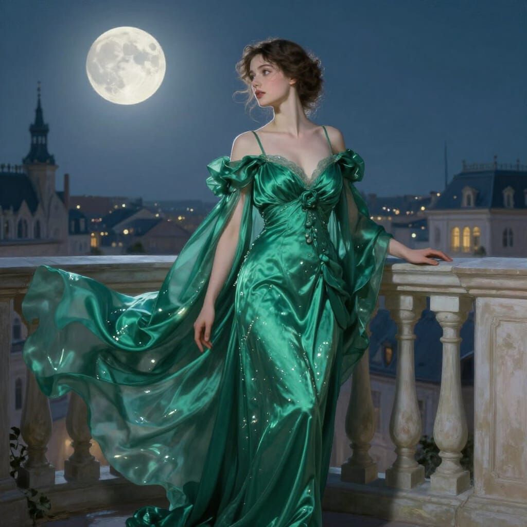 Woman in Emerald Gown on Moonlit Balcony