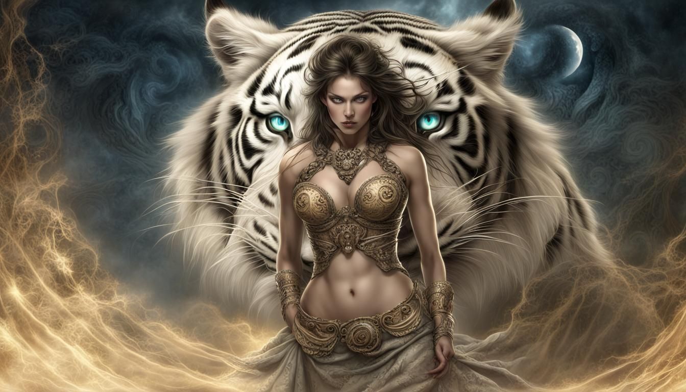 Woman with Tiger in Royo-Inspired Digital Art